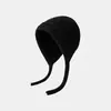 Gorro con lazada estilo bambú para mujer, gorro de punto cálido para otoño e invierno, gorro versátil con protección para las orejas para salidas y ciclismo, gorro de lana a prueba de frío con lazada