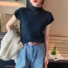 Camiseta de Tricô com Gola Alta Meia-manga Feminina Verão Toque de Luxo Slim Fit Gola Média Top Chique Camisa Base para 2025