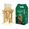 Mango cuadrado set de 24/30 piezas acero inoxidable juego de cubertería occidental cuchillo, tenedor y cuchara dorados estante de almacenamiento caja de regalo