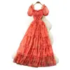 Vestido Floral Delicado Estilo Francês com Mangas Bufantes para Mulheres, Versão Coreana de Verão, Decote Quadrado, Cintura Alta, Modelo Evasê Elegante em Camadas, Emagrecedor