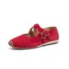 [Em Estoque] Sapatos Mary Jane Femininos Vintage Vermelhos de Bico Fino com Tira Cruzada Feitos de Couro Camurça de Vaca de Primeira Camada