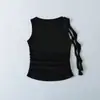 1037-26 Colete Liso Plissado Sem Mangas com Fita, Estilo Verão, Versão Coreana, Corte Justo, Gola Redonda Pequena