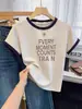 Atuendo Versátil de Verano Estilo Coreano, Camiseta de Algodón Puro de Gama Alta con Costuras de Color Contrastante en el Escote, Camiseta de Manga Corta con Cuello Redondo y Hombro Regular para Mujer