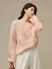 Suéter de mohair cepillado atmosférico top de punto floral con cuentas fuera del hombro nuevo estilo coreano para mujer