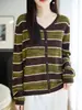 Suéter de punto a rayas color block con cuello en V, un diseño a rayas clásico, versátil, cálido, hecho de lana fina, un imprescindible para otoño e invierno, que irradia elegancia