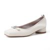 Zapatos Cuadrados de Tacón Bajo de Boca Baja para Mujer Otoño 2024 Nuevos de Piel de Vacuno con Lazo y Hebilla Metálica