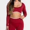 Tops de Yoga Europeus e Americanos de Manga Longa, Tops Esportivos para Corrida com Costas Sexy e Bonitas, Peças Externas Justas ao Corpo, Tops de Fitness em Cores Contrastantes