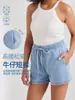 Shorts Jeans Elástico de Cintura Alta Personalizado para Mulheres, Corte Solto, Emagrecimento, com Bolsos, Respirável, Shorts Esportivos para Academia