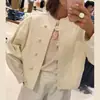 Chaqueta Corta Botonada de Cuello Alto Estilo Chino Nuevo Transfronteriza para Mujer, Hombros Caídos Sueltos, Manga Larga, Ropa Minimalista para el Trabajo de Primavera y Otoño