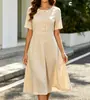 En stock 2026 nuevo vestido de trabajo elegante de cuello redondo, manga corta, abotonado, que ciñe la cintura, línea A, transfronterizo europeo y americano, comercio exterior