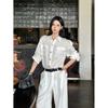 Foto Real de Mono Blanco Listo para Usar Traje de Pantalón Ancho de Cintura Alta para Mujer