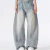 Jeans Corta-Vento Lavado Desgastado Estilo Retrô Americano Masculino Punk High Street Design Solto de Perna Larga Silhueta Calça Longa