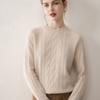 Suéter Pulóver de Cachemir 100% Puro para Mujer, Estilo Coreano Versátil de Tres Hilos, Cuello Redondo, Tejido de Punto Trenzado, Aspecto Holgado que Adelgaza