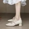 Zapatos de Vestir para Fiesta Mary Jane Antideslizantes de Perlas con Punta Cuadrada y Tacón Medio Grueso, Nuevos Zapatos Blancos de Boda de Primavera