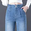7012 Jeans de Perna Larga Calças de Primavera para Mulheres de Meia-idade Meia-idade e Idosos Tamanho Grande Cintura Alta Calças Bigfoot Versátil Calças de Barra a Barra
