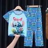 Comercio Exterior Pijamas Infantiles Primavera y Verano Manga Corta Pantalones Trajes para Niños Dibujos Animados Lindo Stitch Ropa de Casa para Niñas Ola