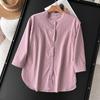 Estilo Minimalista Estilo Japonés Camisa de Algodón Lino Transpirable Cómoda Cuello Vertical Manga de Siete Puntos Dobladillo Curvo Abertura Simple para Viajar Mujer
