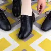 Zapatos Mocasines de Cuero Genuino Suave de Comercio Exterior para Mujer Verano Nuevos Tacón Grueso Tacón Medio-Bajo Punta Cuadrada con Cordones Zapatos de Cuero Negro Zapatos de Baile para Mujer