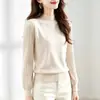 Camiseta base de color liso con cuello semi-alto y mangas tipo farol, de lujo ligero y elegante, estiliza y es versátil para otoño e invierno, suéter casual de punto acanalado de manga larga