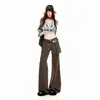 Pantalones largos de mujer de estilo americano, retro, color café, con forro polar cálido, de tiro bajo, acampanados, transfronterizos