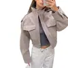 2026 Roupa Feminina Transfronteiriça Europeia e Americana Estilo Minimalista Tendência Cor Sólida Bolso Gola Alta Zíper Manga Longa Jaqueta Top