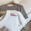 Camiseta Top Casual de Manga Curta com Gola Redonda, Bordado de Letras, Textura de Bambu, Respirável, Amiga da Pele, Algodão Orgânico de Cânhamo, Estilo Japonês