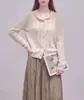 Cardigan de Tricô Longo com Gola Pequena de Damasco Estilo Coreano, Crochê Vazado, Peça de Roupa Externa Feminina, Look Preguiçoso de Outono