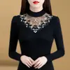 (Lã de Seda de Leite) Camisa Base de Renda para Mulheres, Manga Longa, Novo Estilo Outono e Inverno 2026, Top de Malha Fashion com Recortes