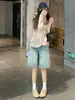 Shorts Jeans Retrô com Manchas de Tinta Selecionadas Cuidadosamente para Mulheres Verão 2026 Novo Cintura Alta Emagrecedor Reto Perna Larga Comprimento Médio