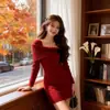Vestido Suéter de Punto con Lazo Off-Shoulder Coreano para Mujer, Nuevo Estilo Primavera 2026, Vestido Base Petite