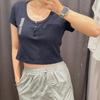 Camiseta Gris Retro de Estilo Americano con Cuello U y Hombro Descubierto para Mujer Verano Ajustada Spice Girls Manga Corta Slim-fit Clavícula Top Corto