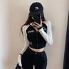 Camiseta de rayón ajustada de manga larga para mujer, diseño de primavera y otoño, estilo nicho, con cremallera de color contrastante, top para chica popular