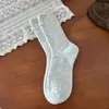 Meias de Lã para Mulheres, Outono e Inverno, Etiqueta de Tecido, Meias de Cano Médio, Engrossadas, Quentes, Estilo Japonês, Ponto Duplo, Caneladas Grossas, Meias Soltas de Inverno