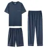 Pijama de Tres Piezas de Algodón Viscosa para Hombre Primavera y Verano Manga Corta Pantalones Cortos Pantalones Jersey para Hombre Ropa de Casa Talla Grande Verano