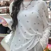 Camiseta Manga Longa Levemente Transparente com Estampa de Laço para Mulheres, Cobertura Simples Fina de Verão, Blusa Solta Gola Redonda, Caimento Solto para o Dia a Dia