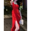 Verano Lujo Ligero de Alta Gama Estilo Francés Sexy Elegante Adelgazante con Volantes Vestido Rojo de Tirantes Vestido de Banquete para Mujer