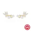 Nuevos pendientes de botón creativos de plata de ley S925 con perla y diamante, pendientes de alas de plumas de venta caliente europea y americana, pendientes retro franceses