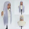 Peluca de cosplay gris semi-tejida a mano, larga, lisa, con raya en medio y encaje frontal realista, con línea de cabello natural, disponible para dropshipping