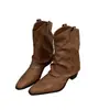 Botas Western Cowboy Chuyuji de Salto Grosso Bico Fino para Mulheres, Novas Botas de Cano Curto Slim 2026 para Primavera e Outono, Marrom