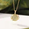 Yiluyin Pingente Ruyi de Prata Esterlina S925 Banhado a Ouro Jade Verde Jade Azul Folha de Bambu Estilo Chinês Simples Moda Pingente de Prata