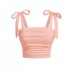 Amazon Estilo Dulce Europeo y Americano Lazo Rosa Top Corto Plisado Ajustado Camisola Corta para Mujer