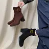 Botines de Tobillo con Hebilla de Gamuza para Mujer, Botas de Tacón Alto Grueso, Nuevo Estilo Coreano de Otoño con Punta Redonda, Cremallera Lateral, Tobillo Delgado Elástico