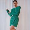 Vestido Verde Plisado para Mujer para el Viaje de Primavera 2026, Diseño de Comercio Exterior, Cintura Alta, Adelgazante, Cuello Redondo, Manga Larga, Vestido de Corte A