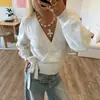 Deseo Camiseta Versátil de Color Sólido de Manga Larga para Mujer de Primavera y Otoño, Estilo Europeo y Americano, Ajustada, con Cuello en V, Suéter Cardigan de Moda