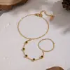 Corrente de Dedo Vintage Estilo Francês Verde Oliva Zircônia Aço Inoxidável para Mulheres, Ouro 18K, Estilo Festivo da Moda, Elegante e Conserva a Cor