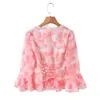 Conjunto de top de impresión compuesta estilo francés de verano con cuello en V y volantes, mangas de campana florales + minifalda ajustada