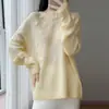 Suéter de punto 100% lana con bordado pesado para mujer, otoño e invierno, corte holgado, engrosado, cuello redondo, suéter de cachemira, top de capa base