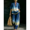 Conjunto casual de 2 peças para mulheres, estilo europeu e americano, com decote em V e estampa geométrica, apresentando calças de perna larga com corte solto, disponível para vendas transfronteiriças