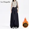 Jeans de Cintura Alta Wide Leg em Sarja para Mulheres Tendência Outono e Inverno 2025 Versátil Novo Azul Escuro Solto Forrado com Fleece Comprimento Total