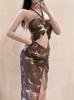 Vestido Largo de Lujo Ligero Retro Simple Elegante Diosa Ajustado Adelgazante con Abertura para Vacaciones de Aguas Termales Traje de Baño para Mujer